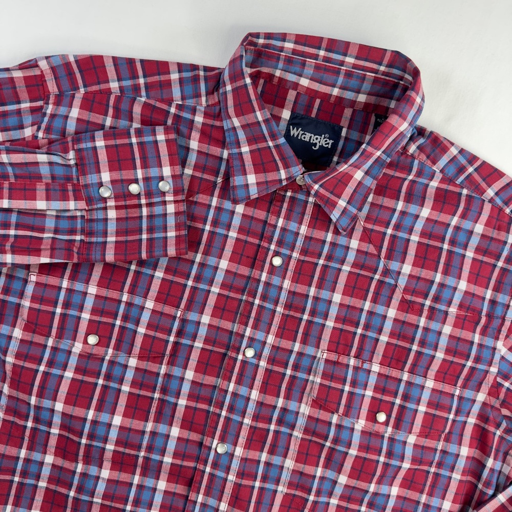 Wrangler Shirt Men's‎ Large Red Blue Plaid Pearl Snap Long Sleeve Button Down